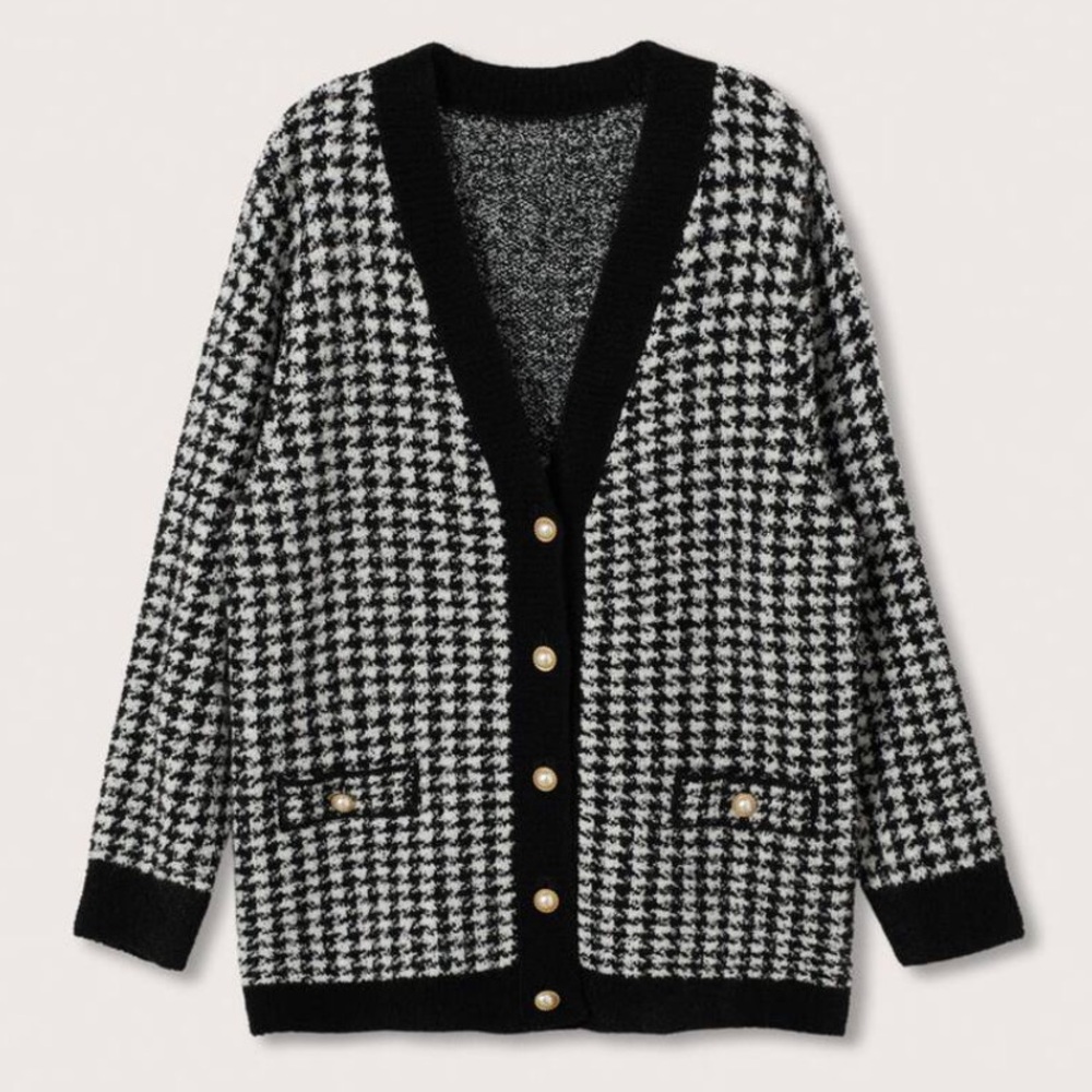 MANGO Oversized Checkered Tweed Knitted Cardigan, Black & White Checkers